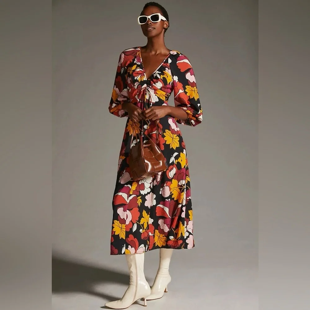 Maeve Floral Midi Dress with V-Neck & Long Sleeves – Size 0 - Picture 1 of 8